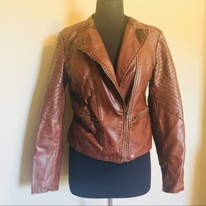 Moto Vegan Faux Cognac Brown Leather Jacket • L